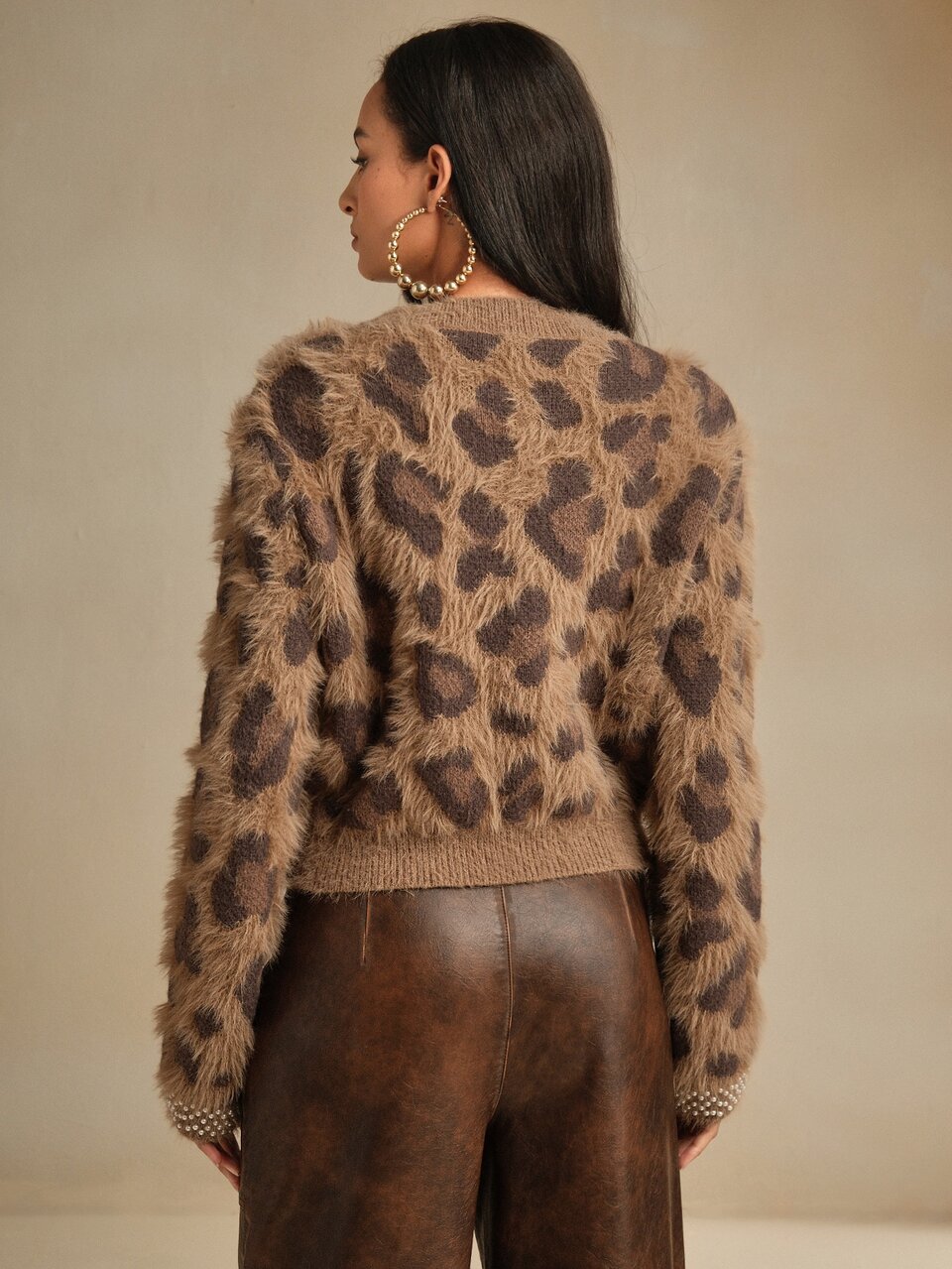 Women's Winter Christmas Leopard Print Embellished Fuzzy Crew Neck Long Sleeve Brown Sweater