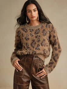 Anewsta Women's Winter Christmas Leopard Print Embellished Fuzzy Crew Neck Long Sleeve Brown Sweater - Yellow - View 4