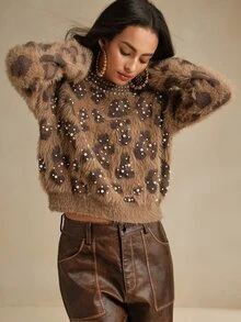 Anewsta Women's Winter Christmas Leopard Print Embellished Fuzzy Crew Neck Long Sleeve Brown Sweater - Yellow - View 6