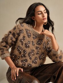 Anewsta Women's Winter Christmas Leopard Print Embellished Fuzzy Crew Neck Long Sleeve Brown Sweater - Yellow - View 5