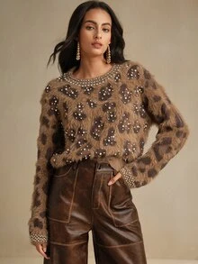 Anewsta Women's Winter Christmas Leopard Print Embellished Fuzzy Crew Neck Long Sleeve Brown Sweater - Yellow - View 3
