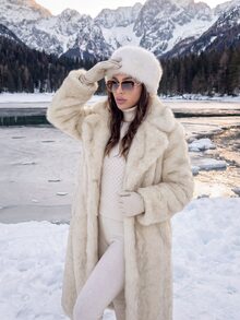 Anewsta 秋冬新品优雅淑女仿狐狸毛长款大衣，时尚皮毛混纺外套 - 白色 - 查看 3