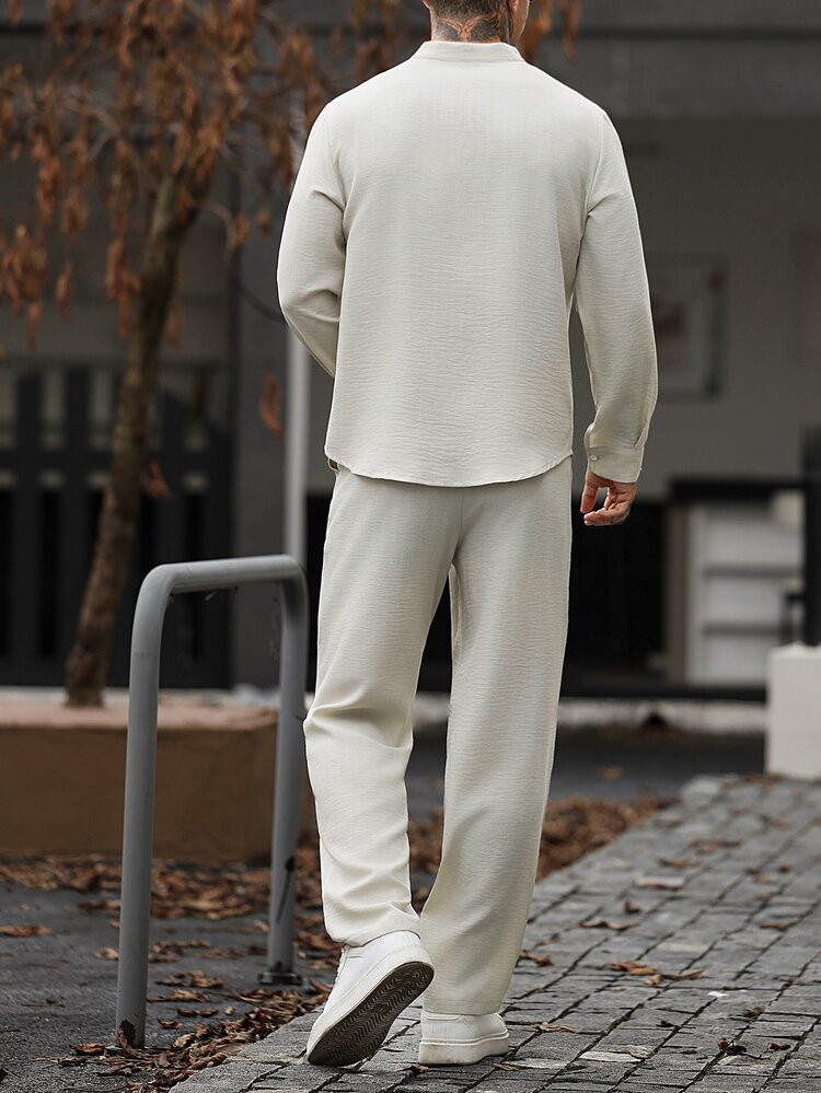 Manfinity CasualCool Men's Solid Colour Linen-Look Half-Placket Buttoned Casual Tropical Holiday Long-Sleeve Shirt And Trousers Set - Apricot - View 2
