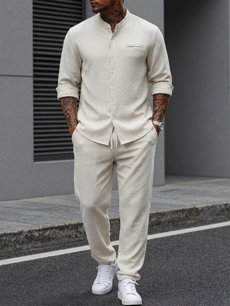 Manfinity CasualCool Men's Solid Colour Linen-Look Half-Placket Buttoned Casual Tropical Holiday Long-Sleeve Shirt And Trousers Set - Apricot - View 7