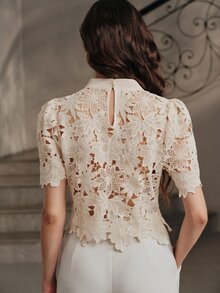 Anewsta Spring/Summer French Gentle Style Beige Hollow Lace Bowknot Versatile Women's Blouse - Apricot - View 7