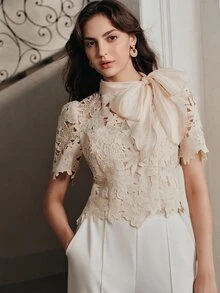 Anewsta Spring/Summer French Gentle Style Beige Hollow Lace Bowknot Versatile Women's Blouse - Apricot - View 6