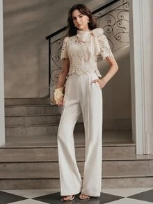 Anewsta Spring/Summer French Gentle Style Beige Hollow Lace Bowknot Versatile Women's Blouse - Apricot - View 4