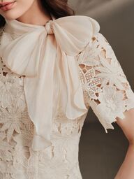 Anewsta Spring/Summer French Gentle Style Beige Hollow Lace Bowknot Versatile Women's Blouse