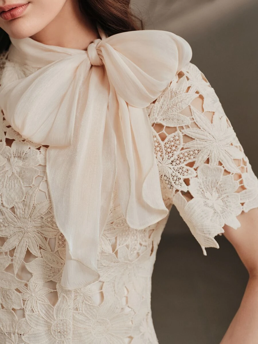 Anewsta Spring/Summer French Gentle Style Beige Hollow Lace Bowknot Versatile Women's Blouse - Apricot - View 1