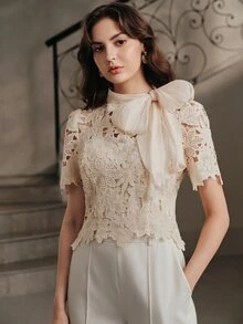 Anewsta Spring/Summer French Gentle Style Beige Hollow Lace Bowknot Versatile Women's Blouse - Apricot - View 5