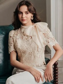 Anewsta Spring/Summer French Gentle Style Beige Hollow Lace Bowknot Versatile Women's Blouse - Apricot - View 2