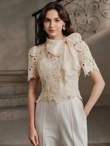 Anewsta Spring/Summer French Gentle Style Beige Hollow Lace Bowknot Versatile Women's Blouse - Apricot - View 3