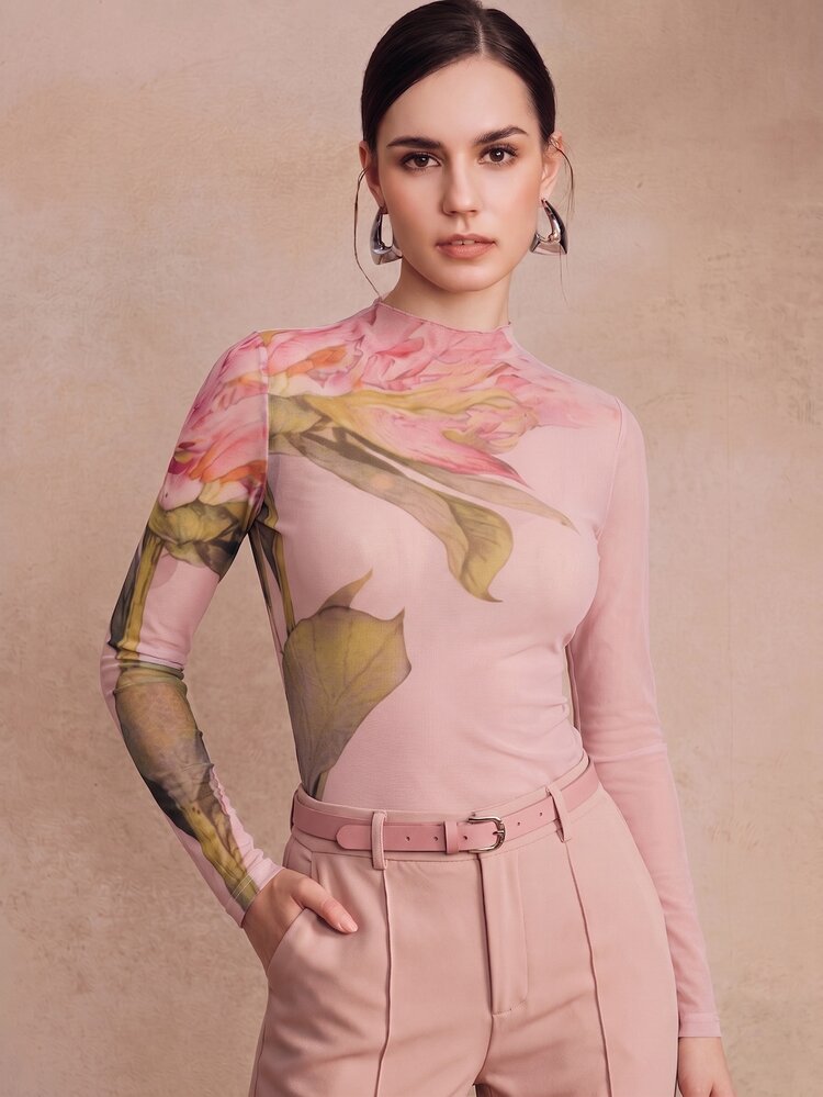 Anewsta Essential Spring/Summer New Elegant Fashion Casual Date New Year's Party Stretchy Fitted Pink Long Sleeve Mesh Round Neck Knit Top - Pink - View 5