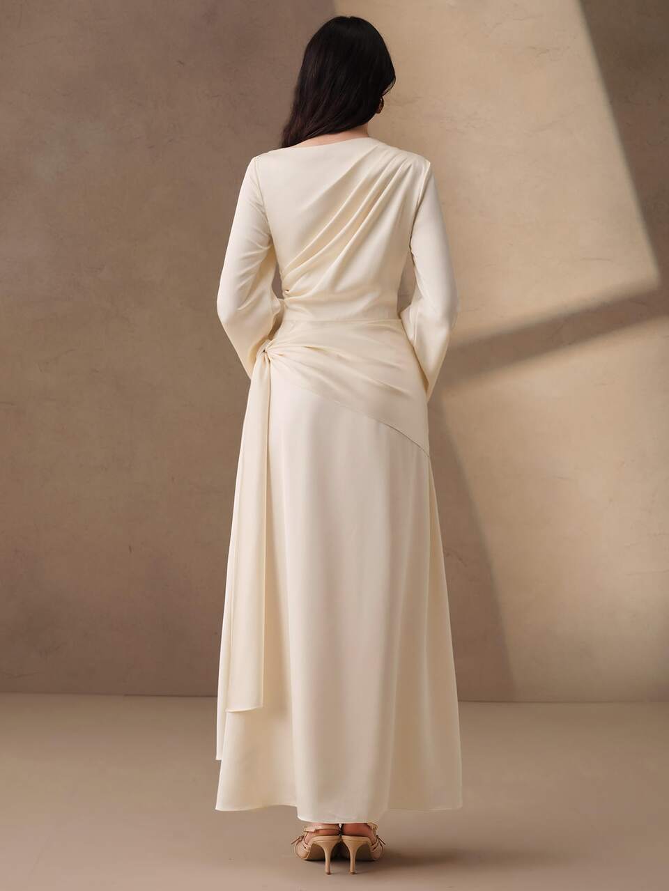 Anewsta New Women's Elegant Asymmetrical Twisted Satin Dress, Champagne Color 2 Inn 1 Full Skirt Draped Long Sleeve Slimming Dress