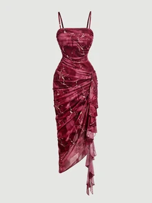 SHEIN MOD 女款夏季優雅大理石印花細肩帶洋裝 - 酒紅色 - 查看 2