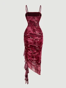 SHEIN MOD 女款夏季優雅大理石印花細肩帶洋裝 - 酒紅色 - 查看 4