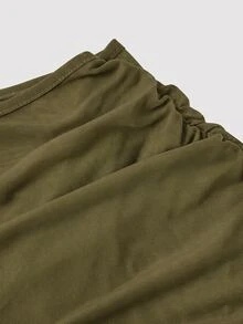 SHEIN MOD Women's Solid Color Asymmetric Collar Flared Sleeve Fashion Mesh Mini Dress - Army Green - View 6