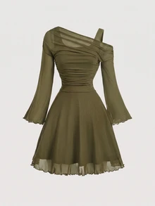 SHEIN MOD Women's Solid Color Asymmetric Collar Flared Sleeve Fashion Mesh Mini Dress - Army Green - View 5