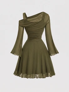 SHEIN MOD Women's Solid Color Asymmetric Collar Flared Sleeve Fashion Mesh Mini Dress - Army Green - View 2