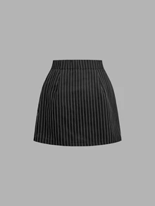 Skyraze Women's Striped Patchwork Blazer & Skirt Suit Set - Black and White - View 4