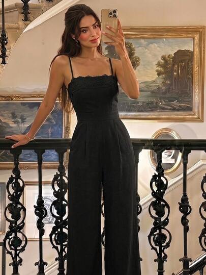 SHEIN MOD Women's Lace Patchwork Spaghetti Strap Jumpsuit, Minimalist Sexy Commute, Trim Neckline, Square Neck Long Pants, Elegant, Black, Vacation Summer