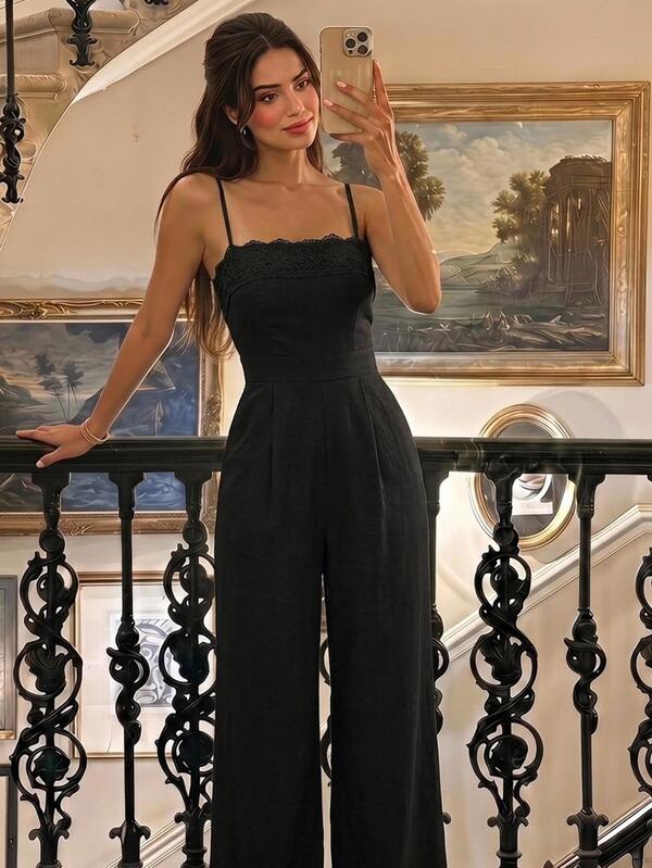 SHEIN MOD Women's Lace Patchwork Spaghetti Strap Jumpsuit, Minimalist Sexy Commute, Trim Neckline, Square Neck Long Pants, Elegant, Black, Vacation Summer