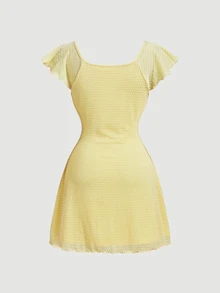 SHEIN MOD 女款純色前綁帶荷葉邊時尚迷你洋裝 - 黃色 - 查看 3