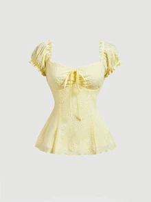 SHEIN MOD Blus Wanita Berlipit dengan Motif Bordir Bunga, Kasual, Serbaguna untuk Pemakaian Sehari-hari - Kuning - View 2