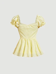 SHEIN MOD Blus Wanita Berlipit dengan Motif Bordir Bunga, Kasual, Serbaguna untuk Pemakaian Sehari-hari - Kuning - View 4