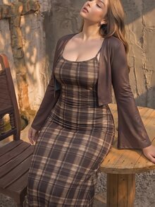SHEIN MOD 女款大尺碼秋季復古格紋洋裝兩件套，棕色，通勤、復古、度假穿搭，秋季套裝，冬季套裝，萬聖節 - 棕色 - 查看 1