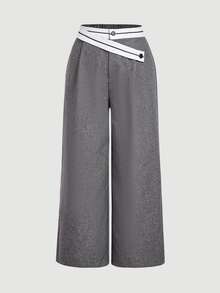 SHEIN MOD Plus Size Elegant Women's Grey Wide Leg Pants, Unique Asymmetrical Waistline Design, Patchwork Waistband, Casual, Elegant, Commuting,Back To School - Grey - View 3