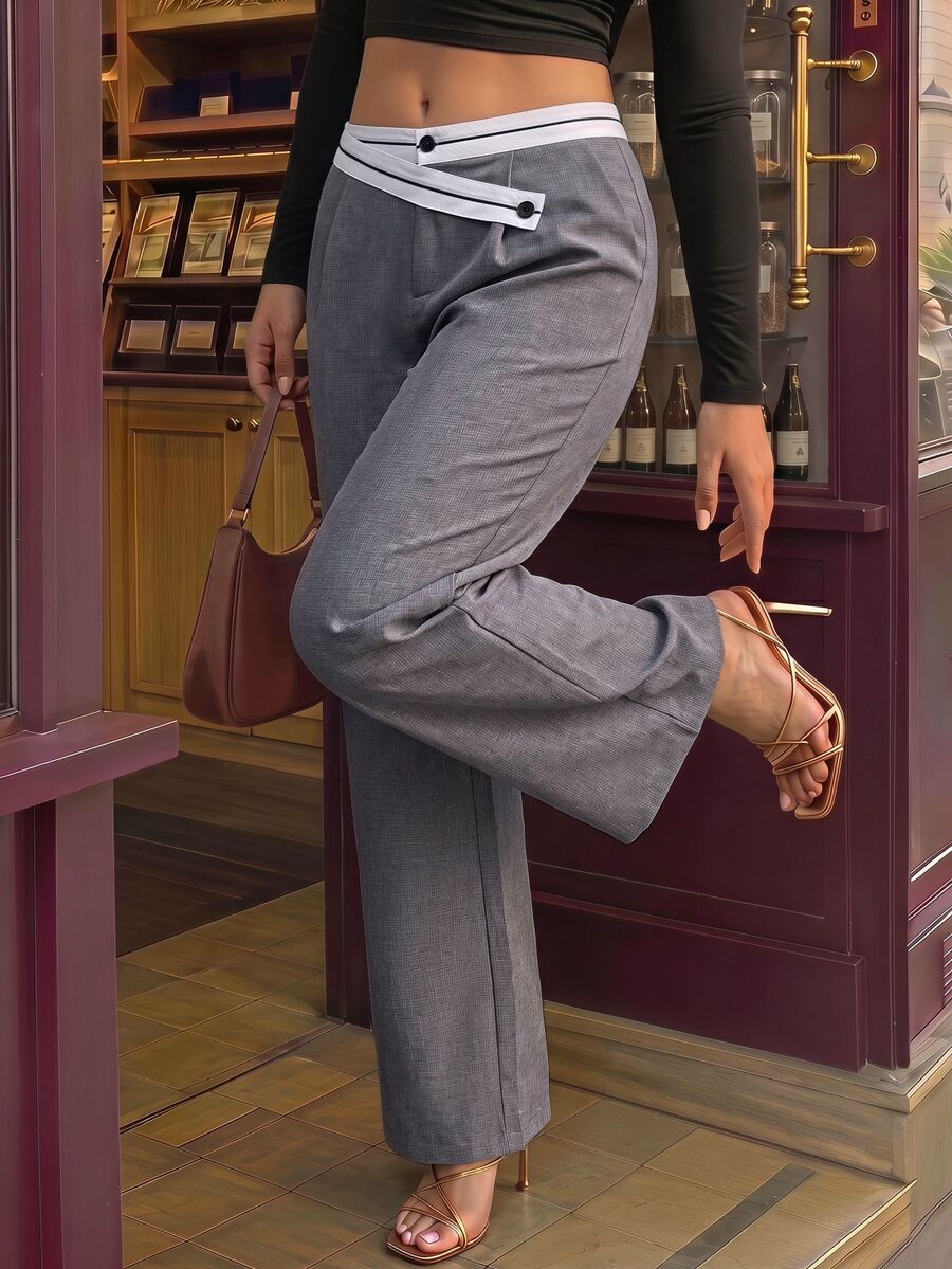 SHEIN MOD Plus Size Elegant Women's Grey Wide Leg Pants, Unique Asymmetrical Waistline Design, Patchwork Waistband, Casual, Elegant, Commuting,Back To School - Grey - View 1