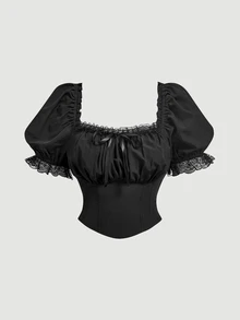 SHEIN MOD Plus Contrast Lace Puff Sleeve Ruched Bust Blouse - Black - View 3