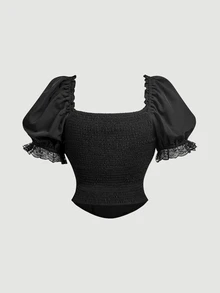 SHEIN MOD Plus Contrast Lace Puff Sleeve Ruched Bust Blouse - Black - View 2