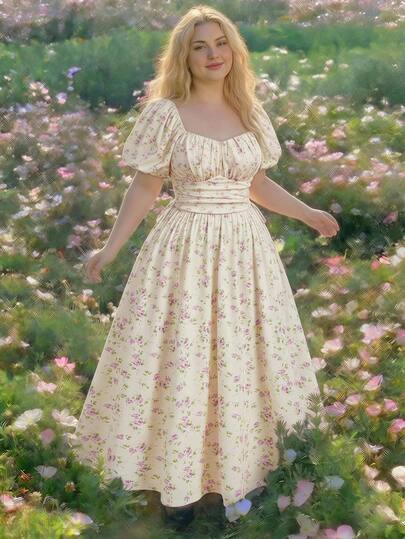 SHEIN MOD Plus Size Women's Floral Print Pleated Elegant Waist-Cinched Party Dress,Graduation Dress,Elegant Dress ,Autumn ,Back To School