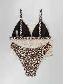 SHEIN Swim 2026 春夏豹紋粗肩帶可調節後扣設計高衩女款比基尼兩件式泳衣 - 彩色 - 查看 4