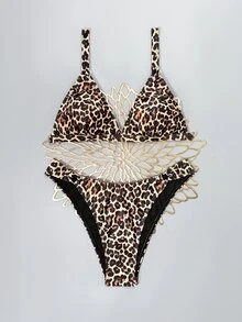 SHEIN Swim 2026 春夏豹紋粗肩帶可調節後扣設計高衩女款比基尼兩件式泳衣 - 彩色 - 查看 2