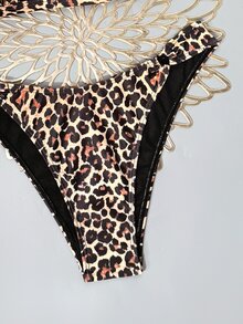 SHEIN Swim 2026 春夏豹紋粗肩帶可調節後扣設計高衩女款比基尼兩件式泳衣 - 彩色 - 查看 5