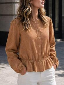 Yunfilé Lantern Sleeve Ruffle Hem Top - Brown - View 7
