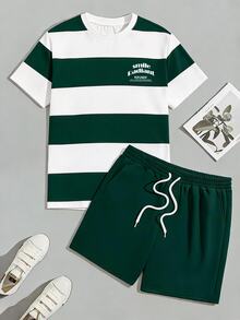 Sorvial Men's Casual Striped Print T-Shirt Set, Simple Daily Wear - Green - View 3