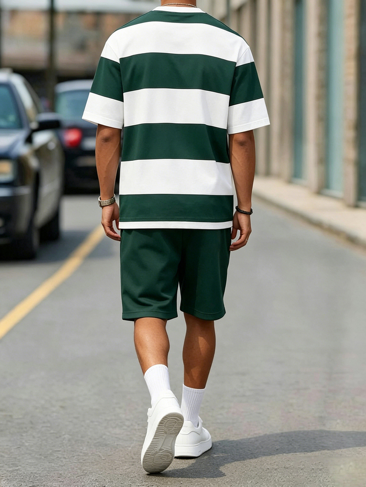 Sorvial Conjunto de camiseta casual con estampado de rayas para hombre, uso diario sencillo - Verde - Añade 3