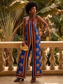 CAJUNI Jumpsuit Wanita Motif Kelapa Kasual Sehari-hari Musim Panas Model Halter Neck - MultiWarna - View 6