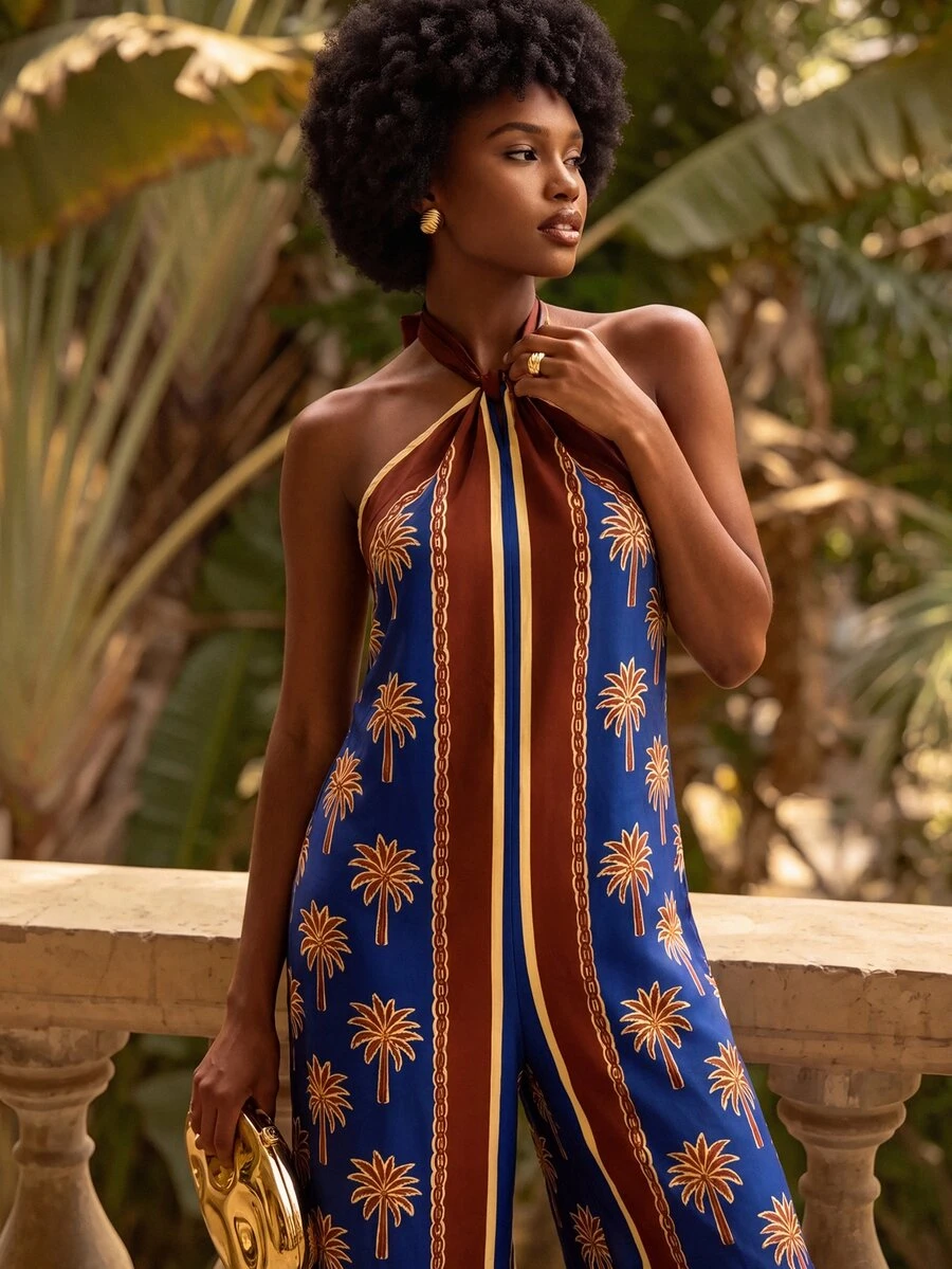 CAJUNI Jumpsuit Wanita Motif Kelapa Kasual Sehari-hari Musim Panas Model Halter Neck - MultiWarna - View 1