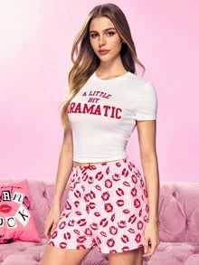 Mean Girls | SHEIN Women's Letter Print Short Sleeve Top And Shorts Casual Daily Home Sleepwear Set - White - View 5