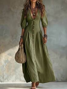Glimmora Women's Fashion Solid Color Deep V-Neck Single-Breasted 3/4 Sleeve Long Dress - Army Green - View 3