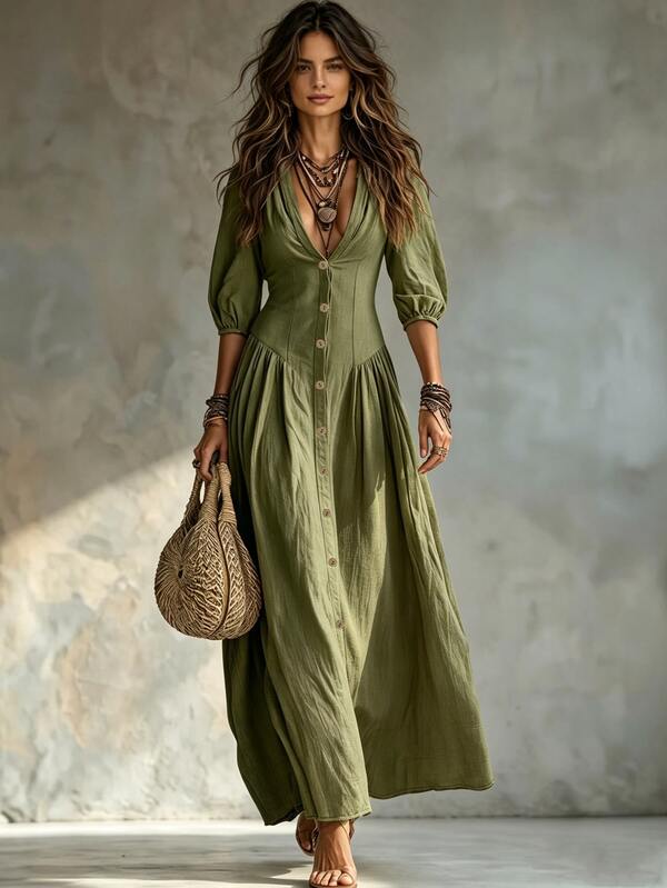 Glimmora Women's Fashion Solid Color Deep V-Neck Single-Breasted 3/4 Sleeve Long Dress