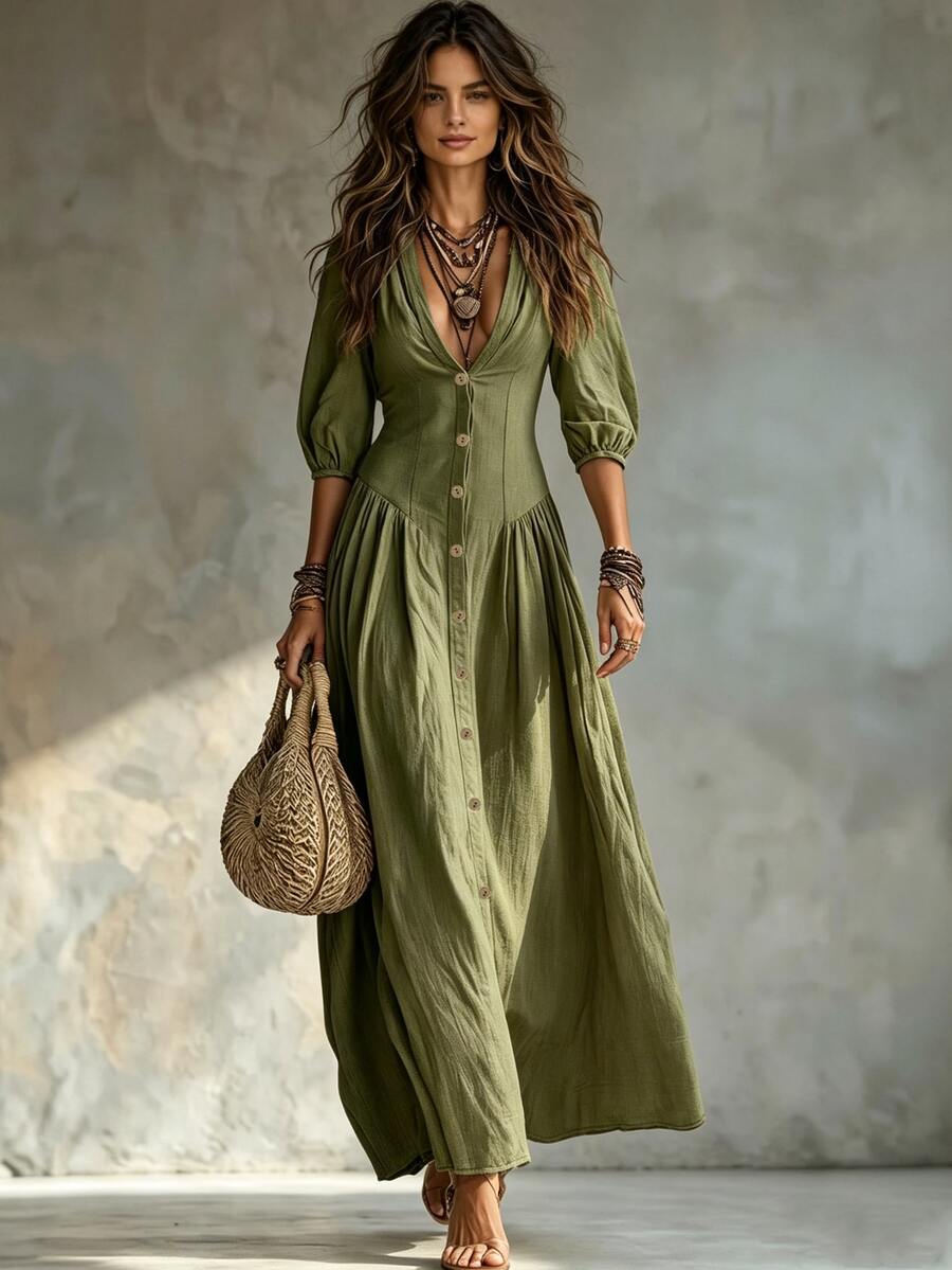 Glimmora Women's Fashion Solid Color Deep V-Neck Single-Breasted 3/4 Sleeve Long Dress - Army Green - View 1