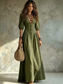 Glimmora Women's Fashion Solid Color Deep V-Neck Single-Breasted 3/4 Sleeve Long Dress - Army Green - View 4