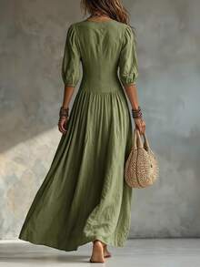 Glimmora Women's Fashion Solid Color Deep V-Neck Single-Breasted 3/4 Sleeve Long Dress - Army Green - View 2