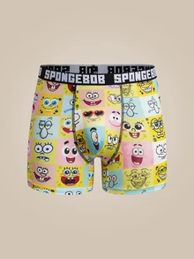 SpongeBob SquarePants | SHEIN Men's Letter Waistband Cartoon Print Boxer Briefs - Yellow - View 3